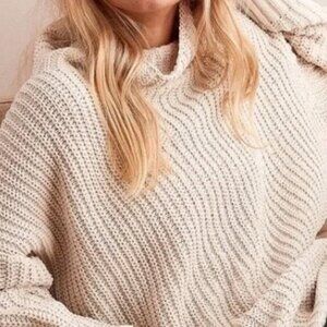 Aerie Chenille Oversized Turtleneck Sweater Cream Beige Size XS
